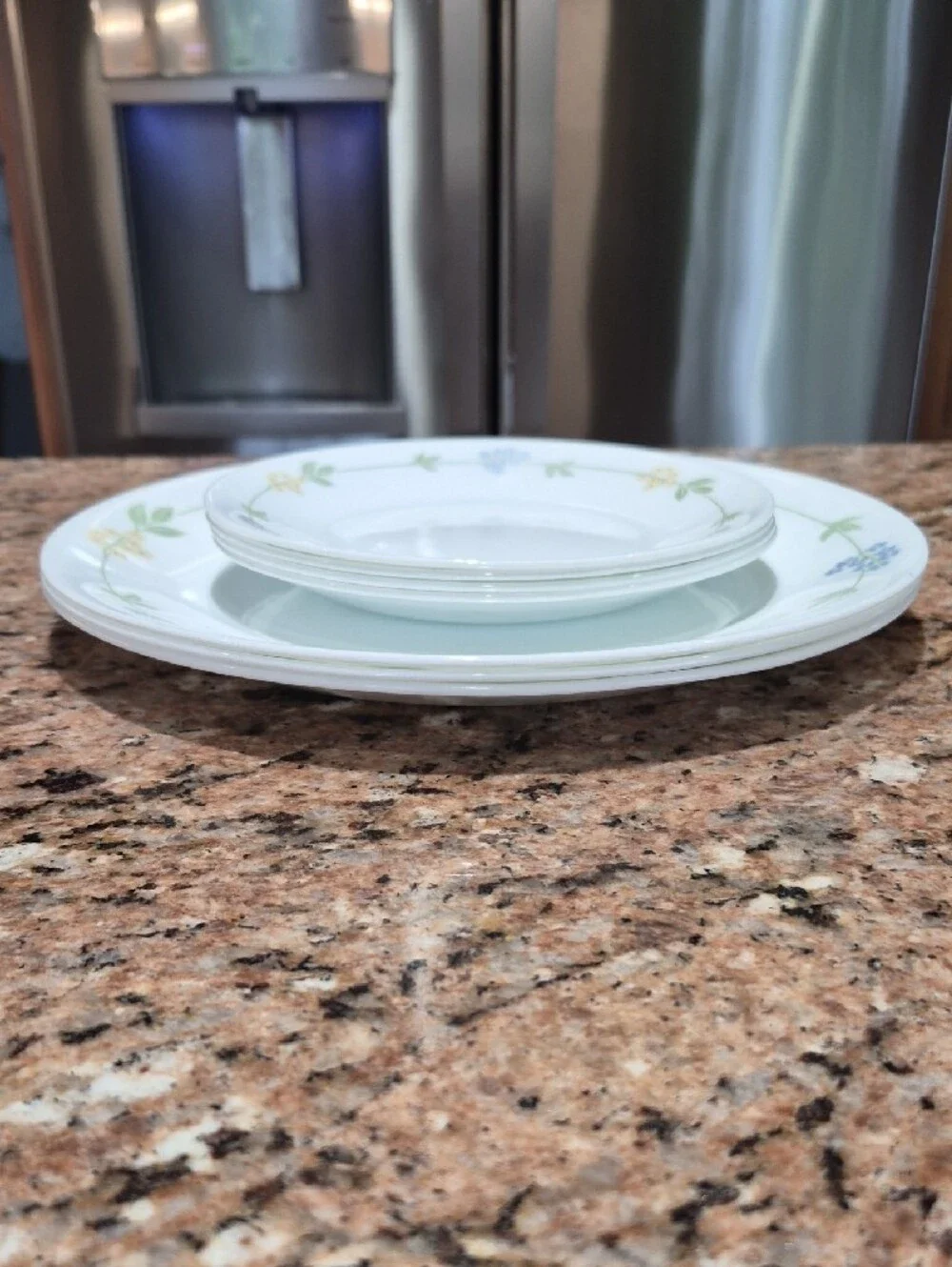 Corelle Secret Garden Dinnerware with Green Leaves and Blue & Yellow Flowers